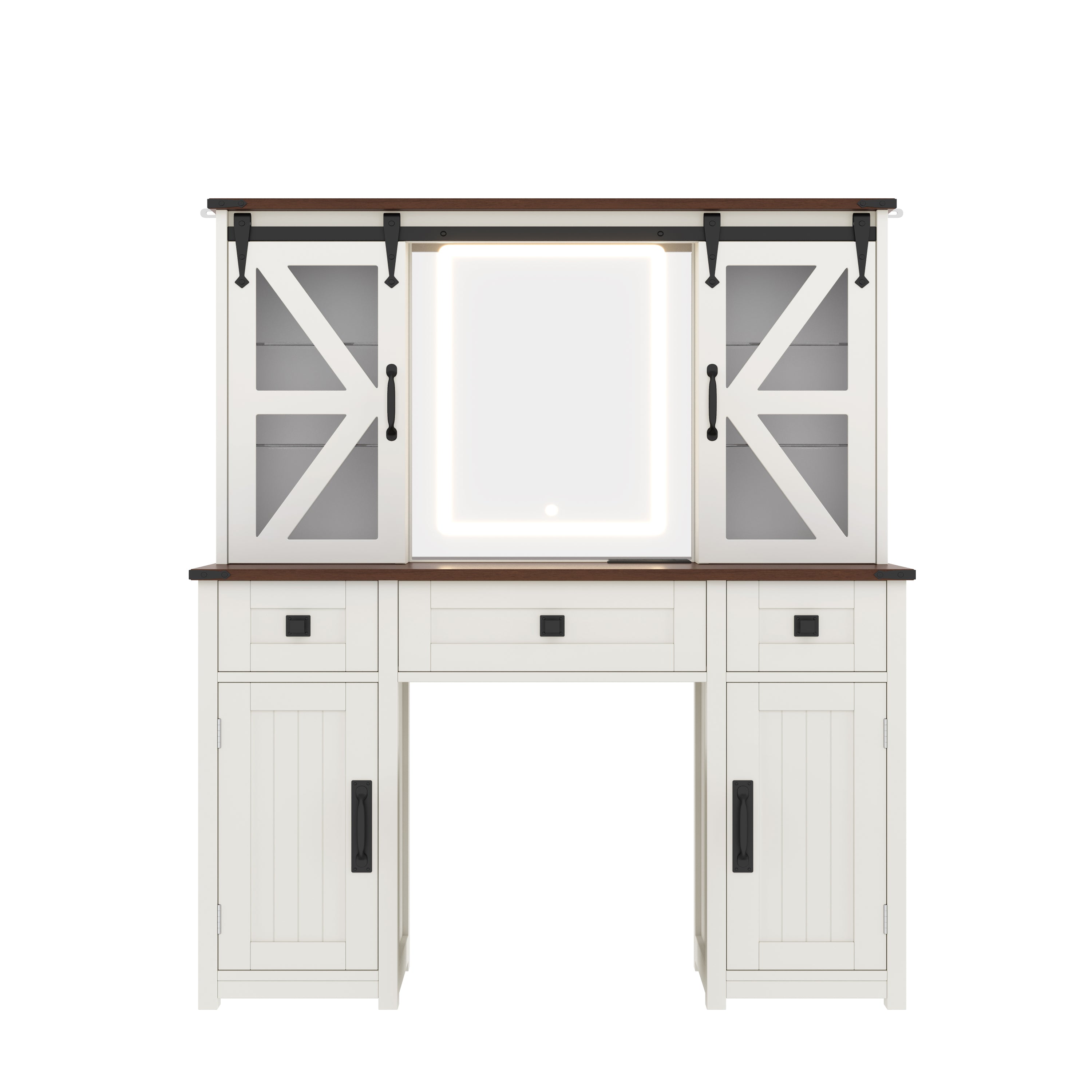 43.3' Farmhouse Makeup Vanity Desk with Lighted Mirror, Vanity Table Set with Charging Station, Dressing Table with Sliding Barn Door Hidden Shelves & 3 Drawers & 4 Cabinets, Beige - Grand Goldman Shop