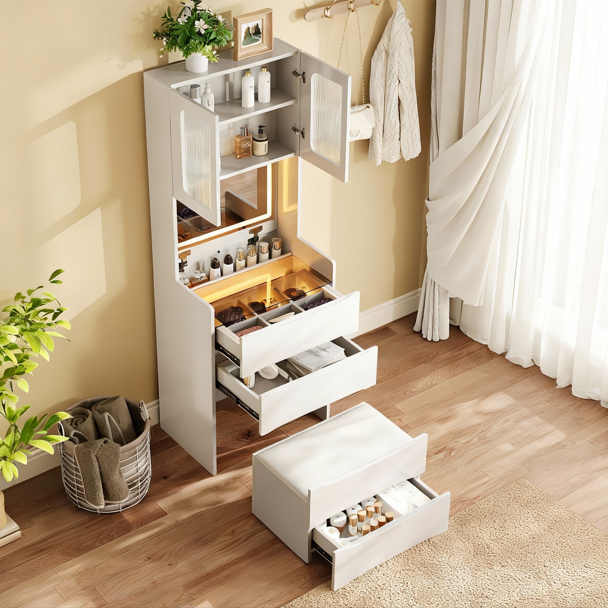 3-in-1 Vanity Table with LED Mirror & Storage Stool, Flip Top Makeup Dressing Table with Adjustable Lights, 5 Storage Spaces Cosmetic Organizer for Bedroom - Grand Goldman Shop