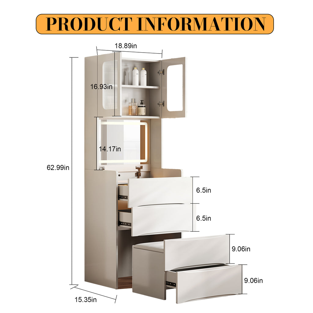 3-in-1 Vanity Table with LED Mirror & Storage Stool, Flip Top Makeup Dressing Table with Adjustable Lights, 5 Storage Spaces Cosmetic Organizer for Bedroom - Grand Goldman Shop