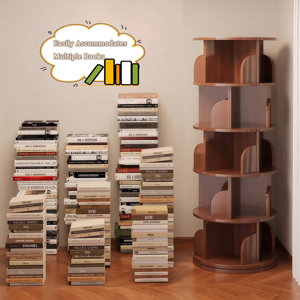 5 Tier Rotating Bookshelf, 360° Display Round Spinning Bookshelf, Space-Saving, Small Space Rotating Bookshelf Tower for Bedroom, Living Room, Home, Office, Walnut - Grand Goldman Shop