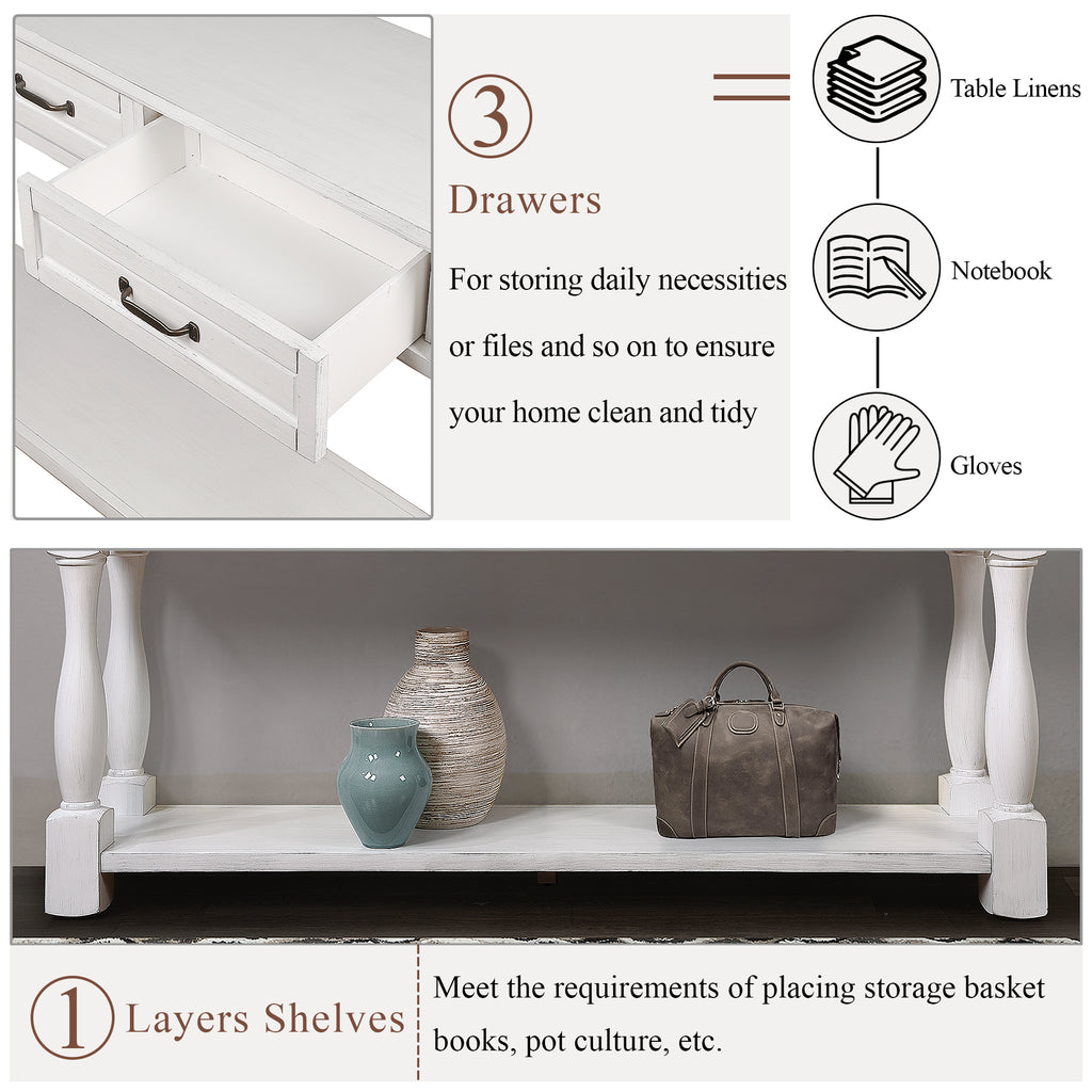 63inch Long Wood Console Table with 3 Drawers and 1 Bottom Shelf for Entryway Hallway Easy Assembly Extra-thick Sofa Table (Antique White) - Grand Goldman Shop