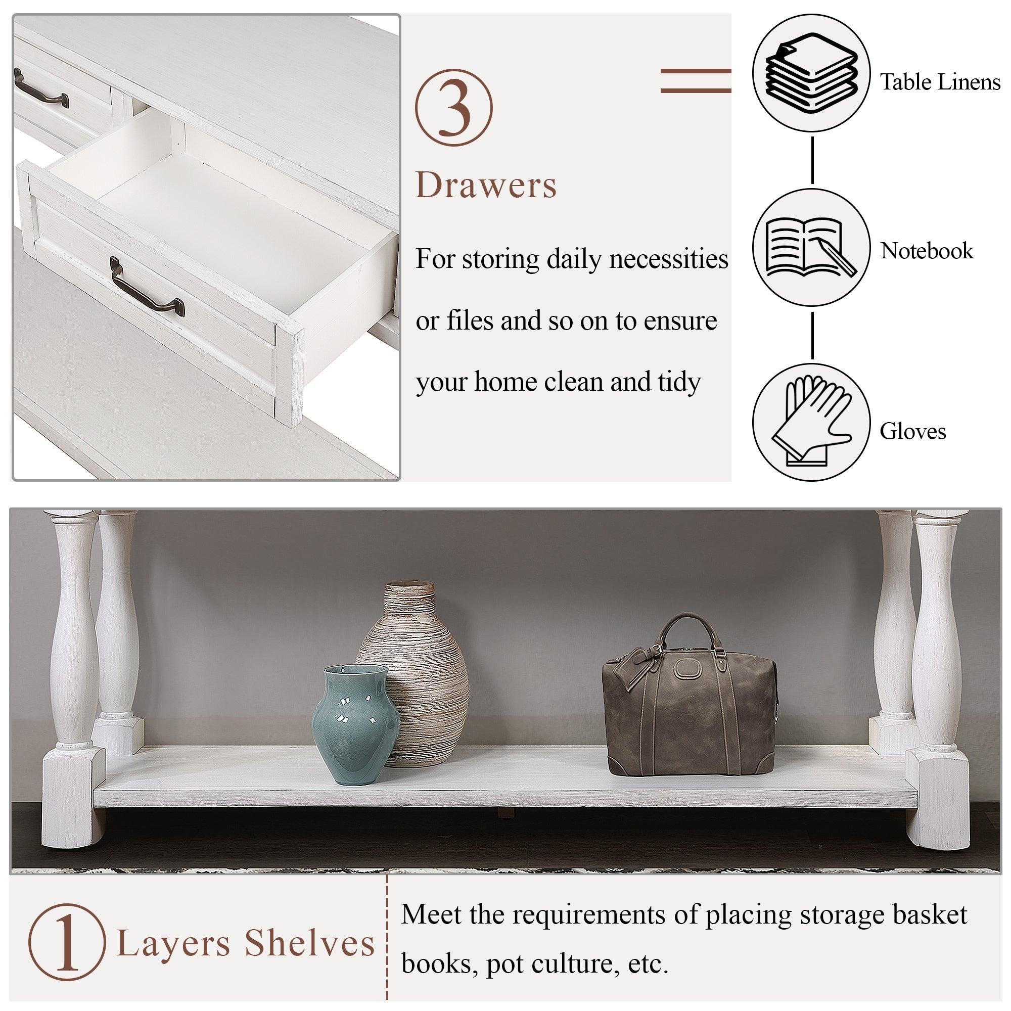63inch Long Wood Console Table with 3 Drawers and 1 Bottom Shelf for Entryway Hallway Easy Assembly Extra-thick Sofa Table (Antique White) - Grand Goldman Shop