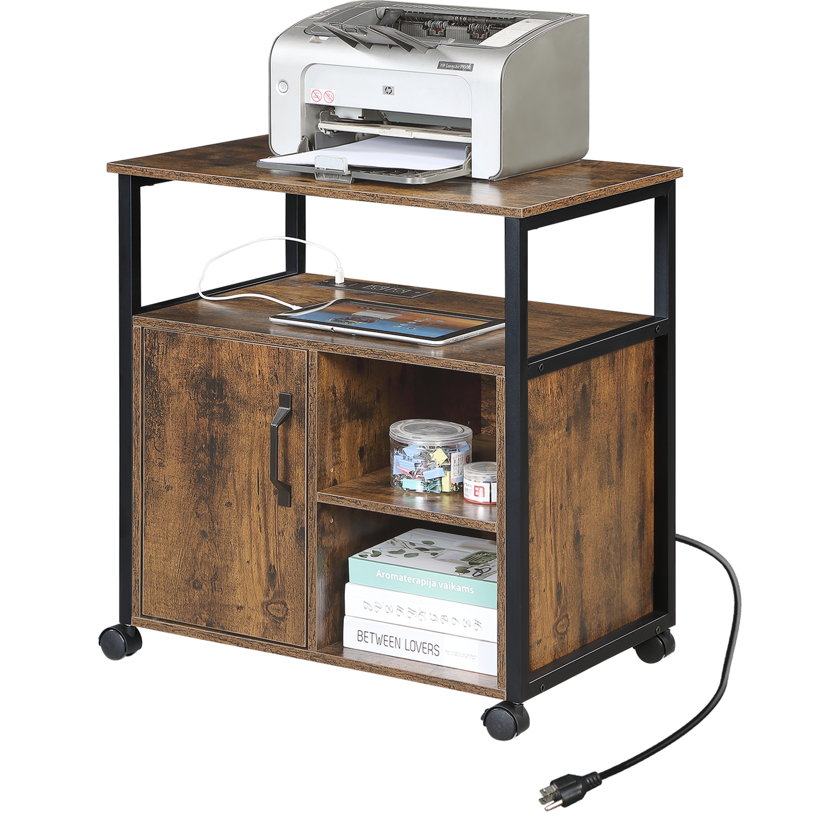 File Cabinet,Office Filing Cabinets with Socket and USB Charging Port,Printer Stand with Storage for A4, Letter Size,Metal Si