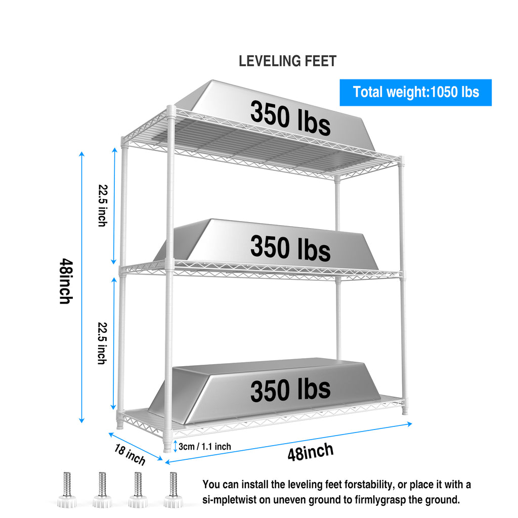 3 Tier Wire Shelving Unit, 1050 LBS NSF Height Adjustable Metal Garage Storage Shelves, Heavy Duty Storage Wire Rack Metal Shelves - White - Grand Goldman Shop