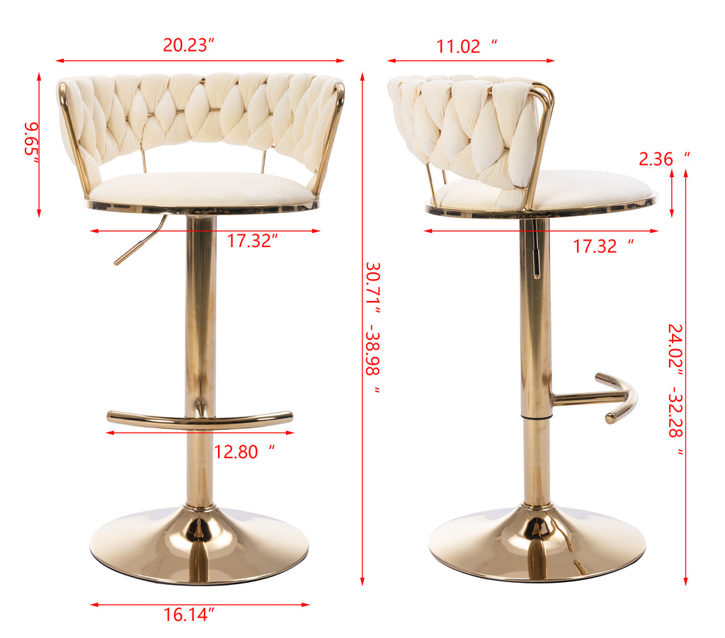 Set of 2  Bar Stools,with Chrome Footrest and Base Swivel Height Adjustable Mechanical Lifting Velvet + Golden Leg Simple Bar Stool-Cream - Grand Goldman Shop