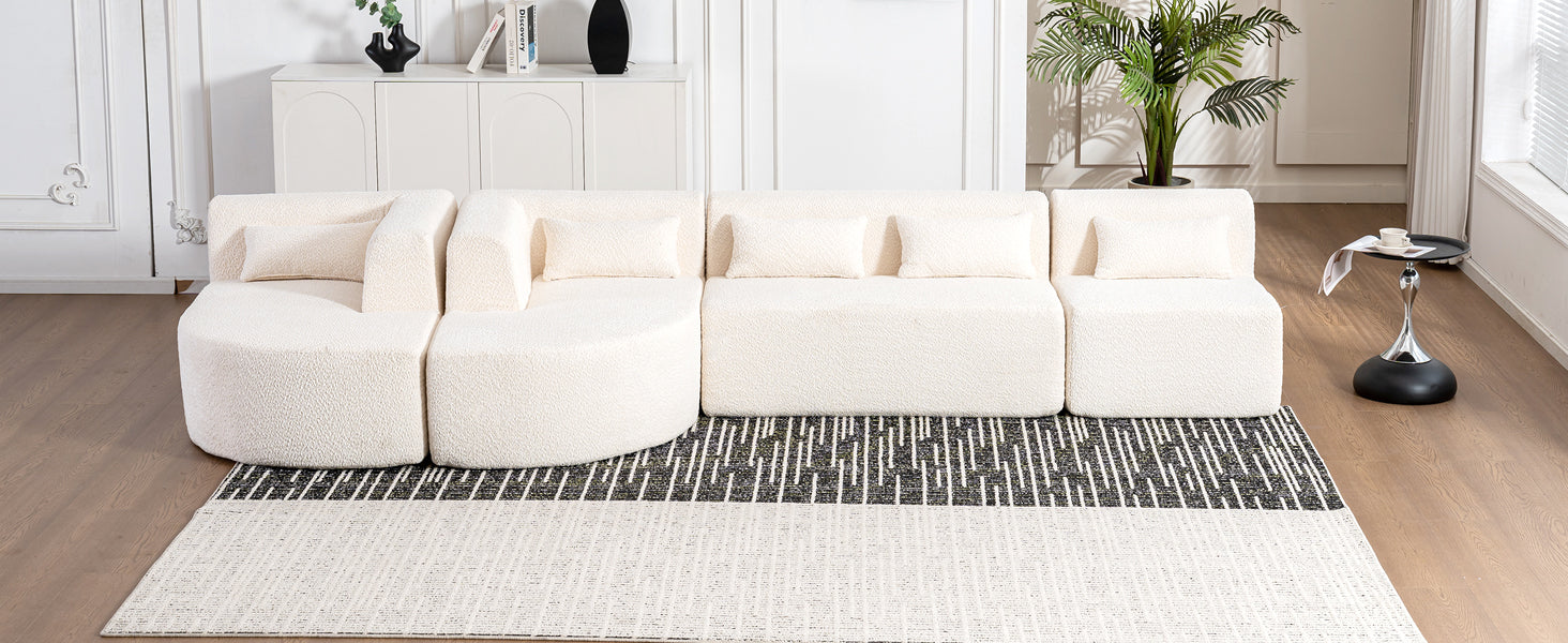 Modern Upholstered L-Shape Sofa with Chaise Lounge and Back Pillows, Beige Boucle Fabric, 144 inches - Grand Goldman Shop