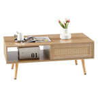 41.34' Rattan Coffee Table, Sliding Door for Storage, Solid Wood Legs, Modern Table for Living Room-Natural - Grand Goldman Shop