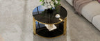 Modern Black Mirror Coffee Table, Asymmetrical Metal, Circular Metal Drum Base, Gold Finish & Lower Shelf - Grand Goldman Shop