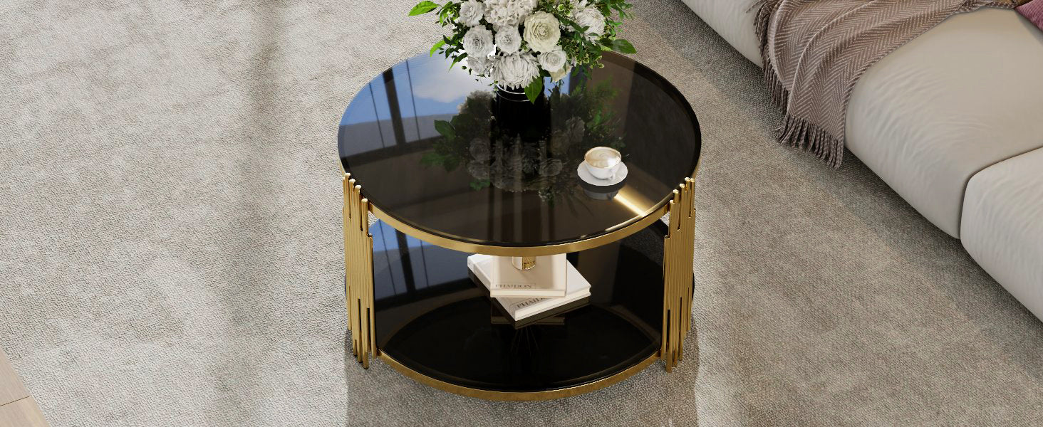 Modern Black Mirror Coffee Table, Asymmetrical Metal, Circular Metal Drum Base, Gold Finish & Lower Shelf - Grand Goldman Shop