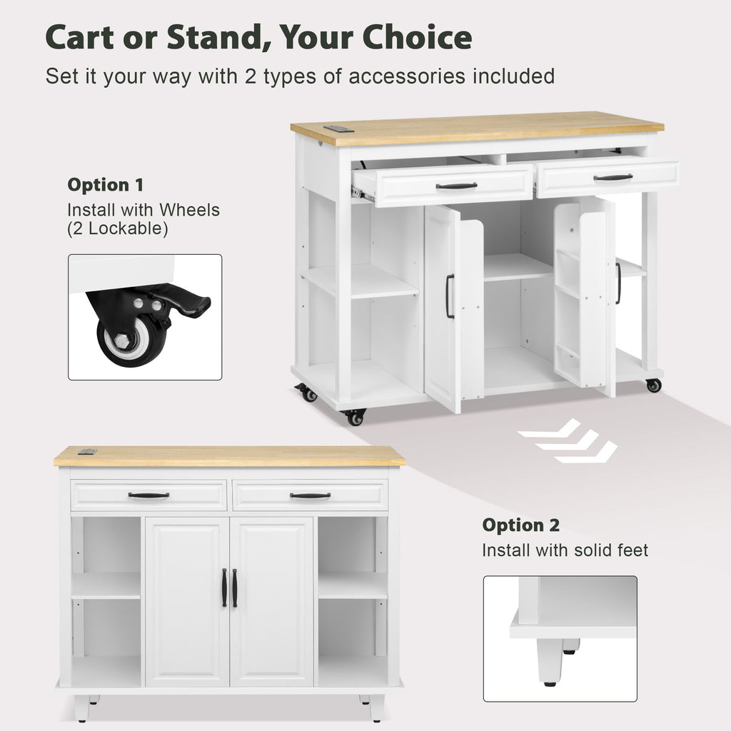 K&K 47 inch Kitchen Island with Extendable Dining Table, Rubber Wood Veneer Kitchen Table with Internal Storage Rack, Power Outlet, Kitchen island with Storage 2 Drawers 2 Cabinet,White - Grand Goldman Shop