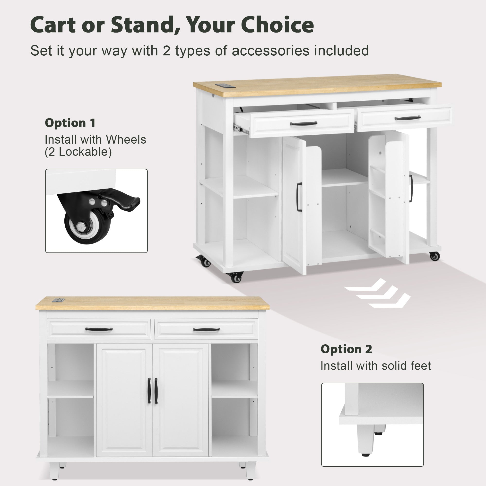 K&K 47 inch Kitchen Island with Extendable Dining Table, Rubber Wood Veneer Kitchen Table with Internal Storage Rack, Power Outlet, Kitchen island with Storage 2 Drawers 2 Cabinet,White - Grand Goldman Shop