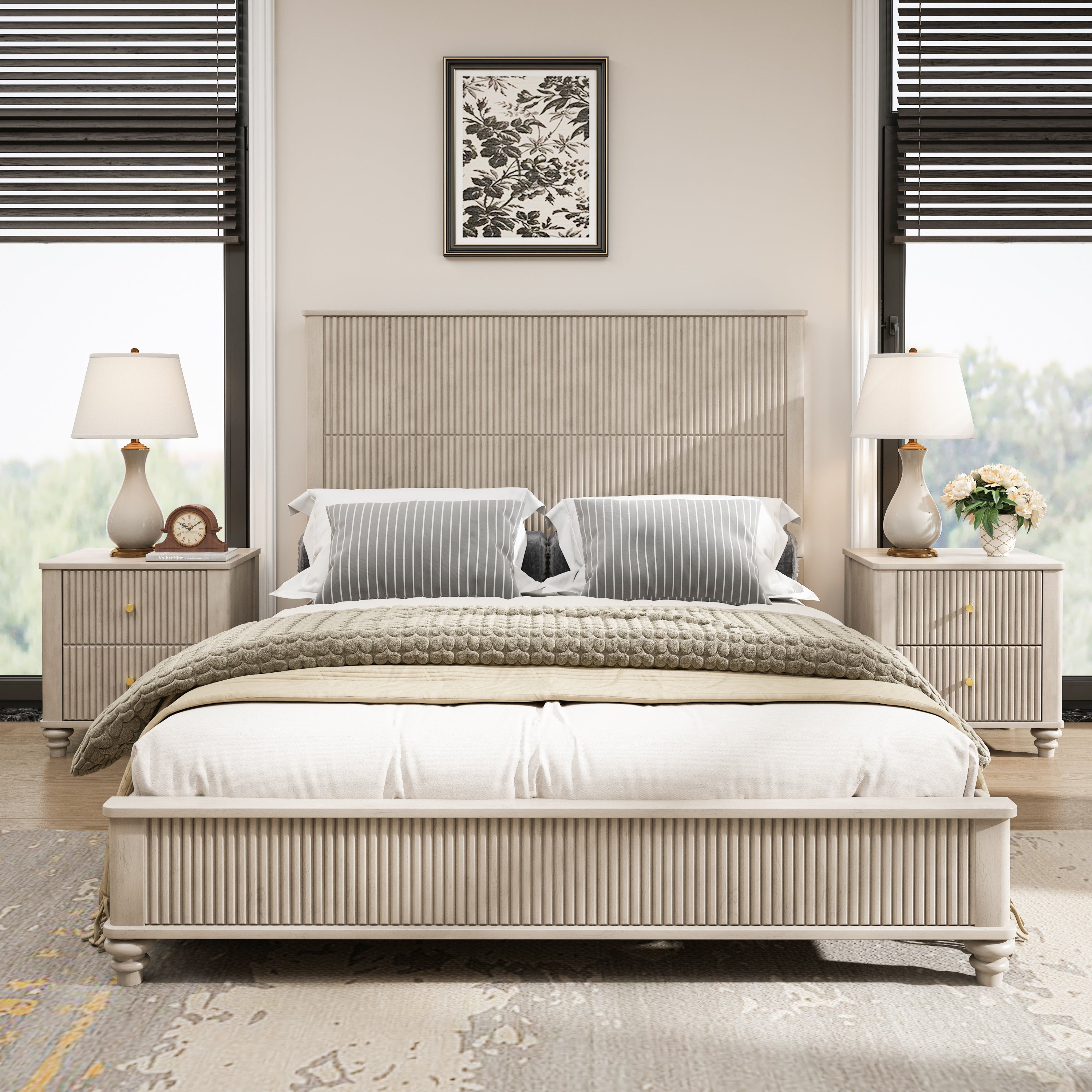 3-Piece Bedroom Set with Queen Size Bed and 2 Nightstands, Beige - Grand Goldman Shop