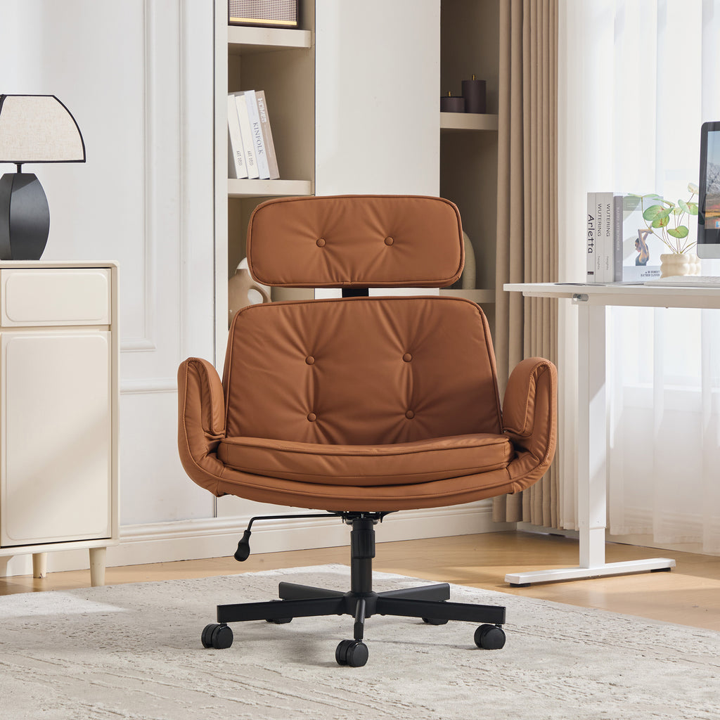 Criss Cross Chair with Adjustable Armrests & Wheels & Headrest, PU Lounge Vanity Desk Chair with Wide Seat for Cross-Legged S