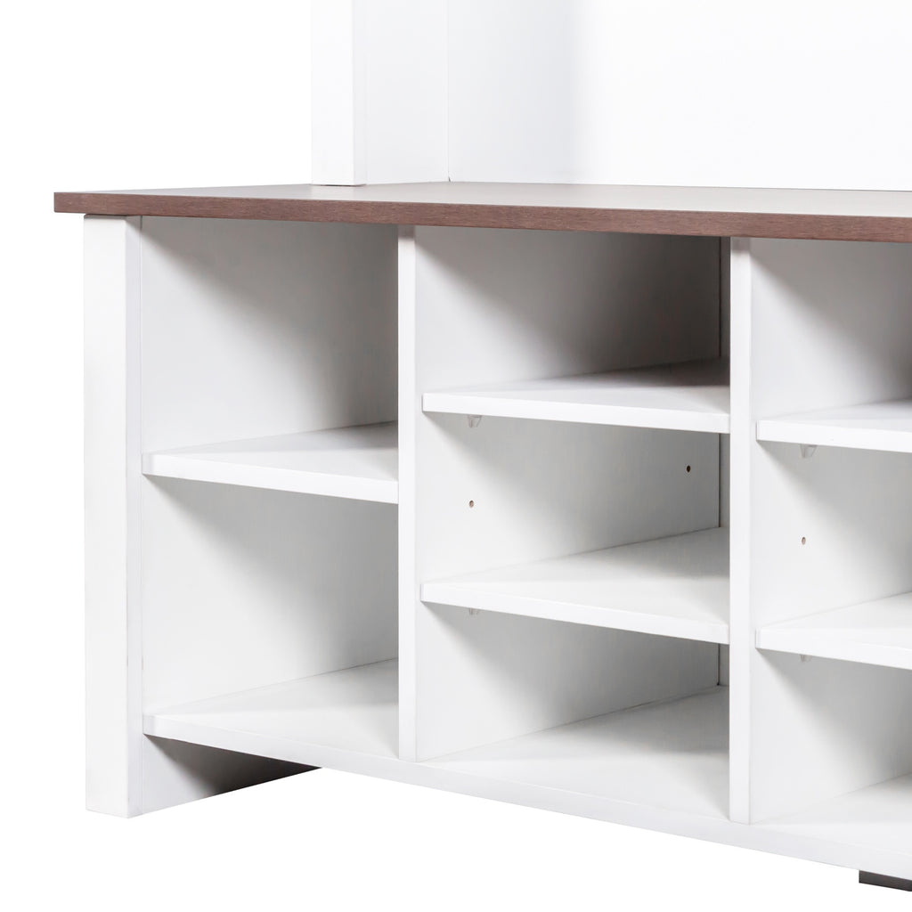 Farmhouse 4-in-1 Hall Tree with 6 Hooks, Walnut Entryway Bench with Shelves,  Wooden Style Rustic Shoe Organizer with 16 Open Compartments for Mudroom, Living Room, White (OLD SKU: N721P264915K) - Grand Goldman Shop
