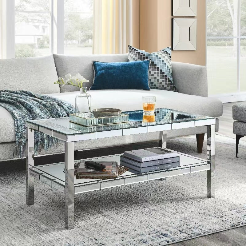 W 39.5' X D 19.5'X H 19.5' 2-layer crystal mirror stainless steel frame coffee table for use in offices, shops, living rooms, or bedrooms - Grand Goldman Shop