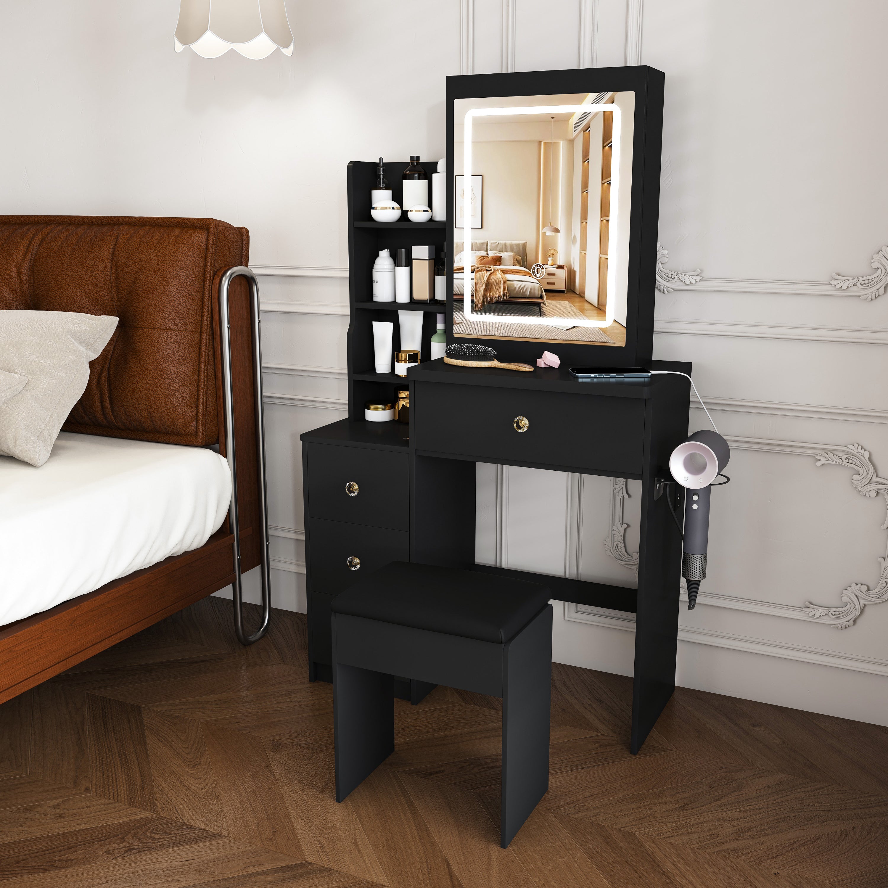 Modern Vanity Desk with 3 LED Lighting Modes, 4 Drawers, Open Shelves, Hair Dryer Holder & Power Socket, Black MDF Dressing Table Set with Chair - Grand Goldman Shop