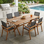 7-teiliges Outdoor-Esszimmer-Set aus Akazienholz, modern, 6 Stühle und 1 großer Tisch, Essgarnitur für Rasen, Garten, Terrasse, Poolbereich