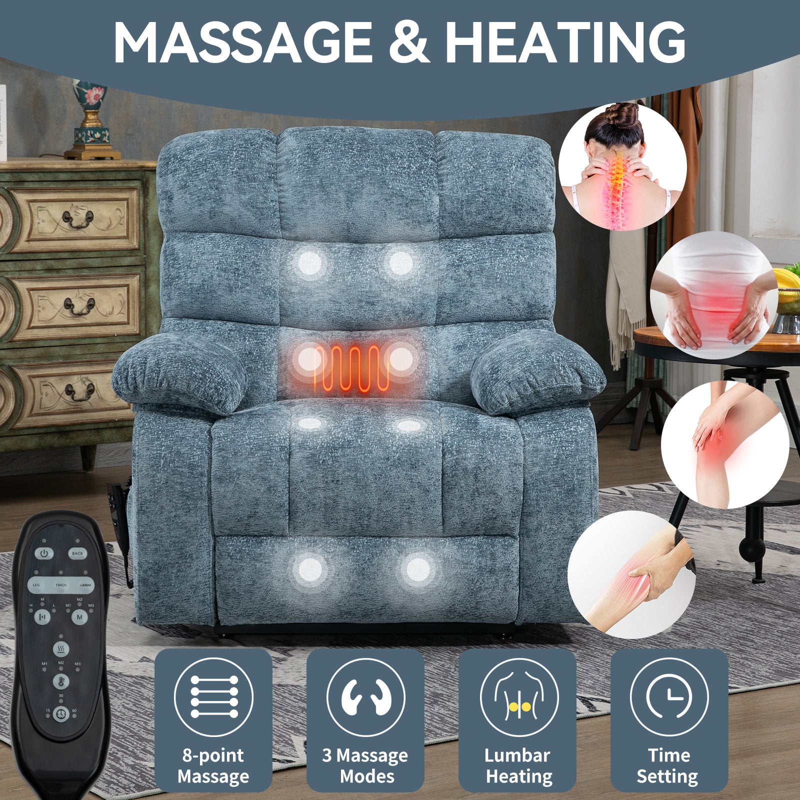 Lift Recliner Chair Heat Massage Dual Motor Infinite Position Up to 350 LBS Large Electric Power Lift Recliners with Power-Remote, Medium-firm and Heavy duty, Blue - Grand Goldman Shop