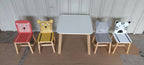 Kids Wood Table and Chair Set with Cartoon Animals Design, White Solid Wood & MDF Furniture for Ages 3-8, 5-Piece Table and C