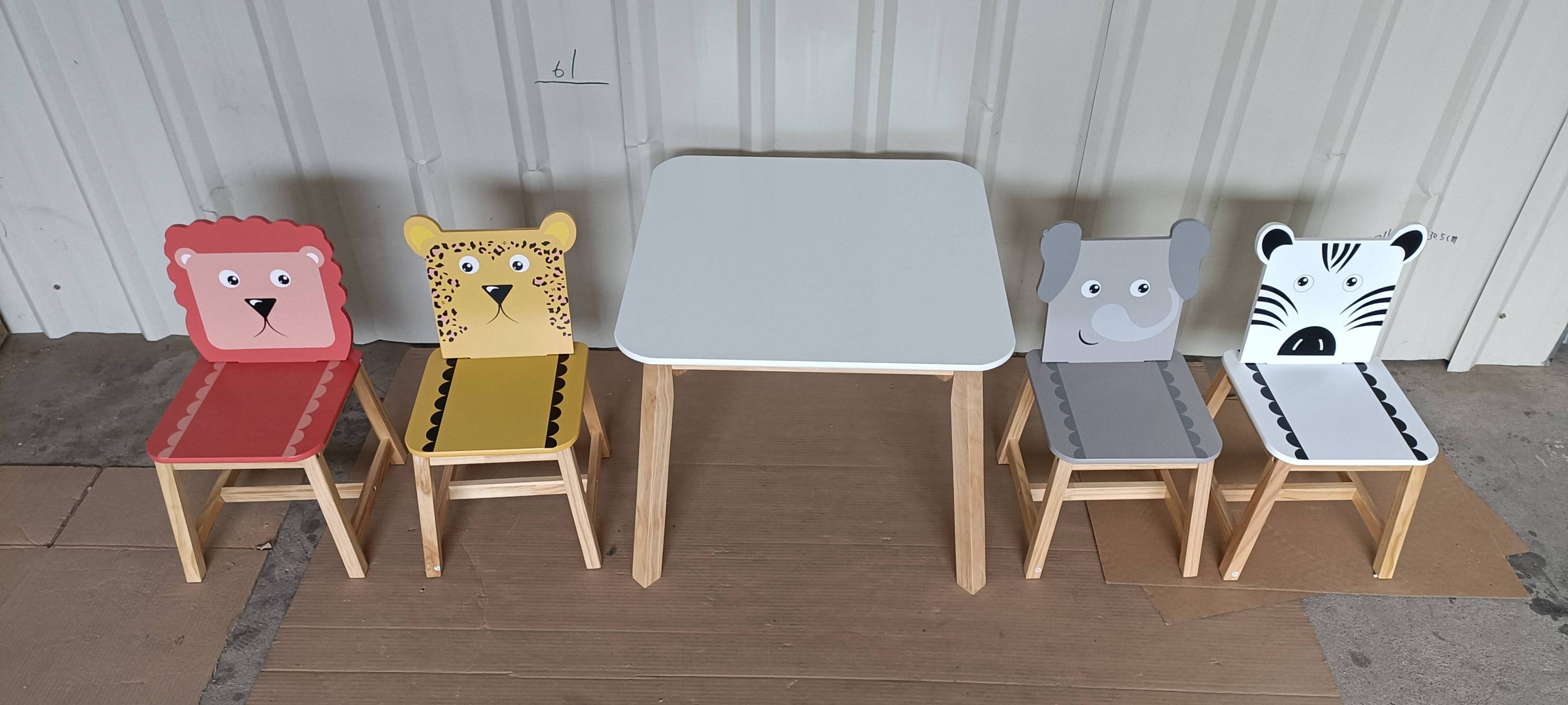 Kids Wood Table and Chair Set with Cartoon Animals Design, White Solid Wood & MDF Furniture for Ages 3-8, 5-Piece Table and C