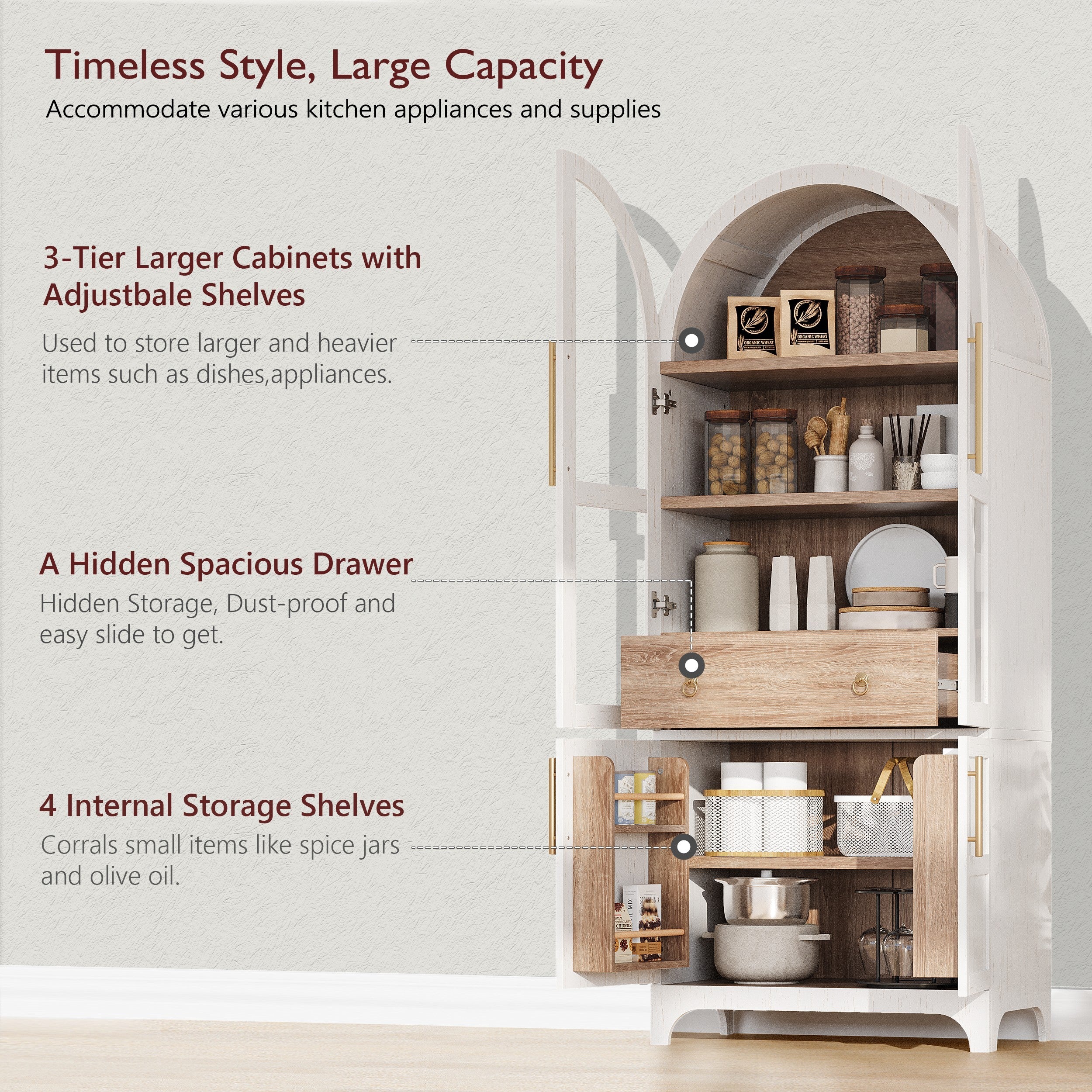 K&K 71' Tall Arched Kitchen Pantry Cabinet with Door Shelves, Farmhouse Kitchen Storage Cabinet with Open & Adjustable Shelves, Hidden Drawer & Glass Door, Cupboard for Kitchen, Dining Room, White - Grand Goldman Shop