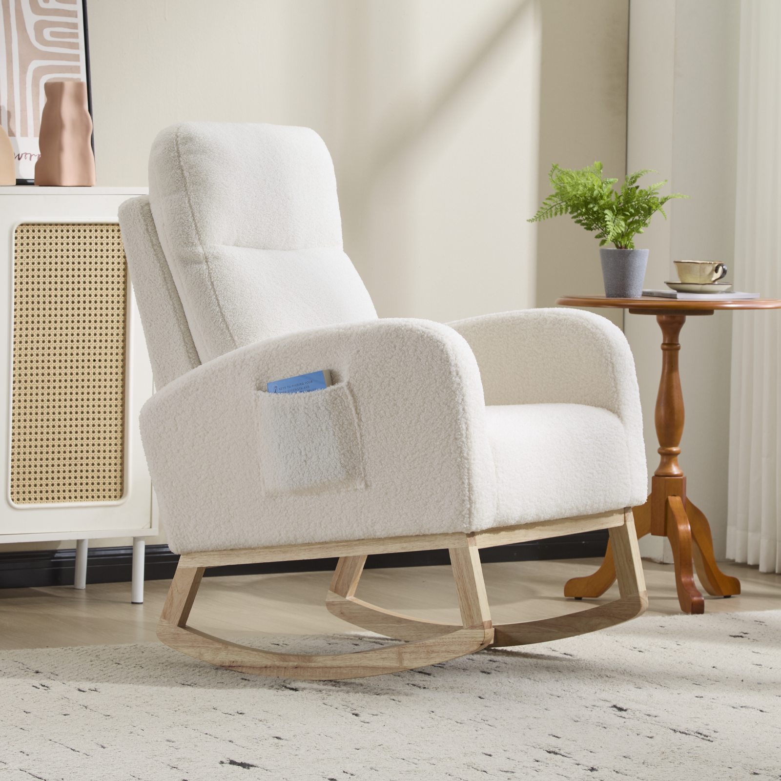 Modern Accent Rocking Chair Rocking Chair with Solid Wood Legs, Upholstered Nursery Glider Rocker, Comfy Armchair with Side Pocket, Living Room Lounge Arm Chair with High Backrest (white,teddy) - Grand Goldman Shop
