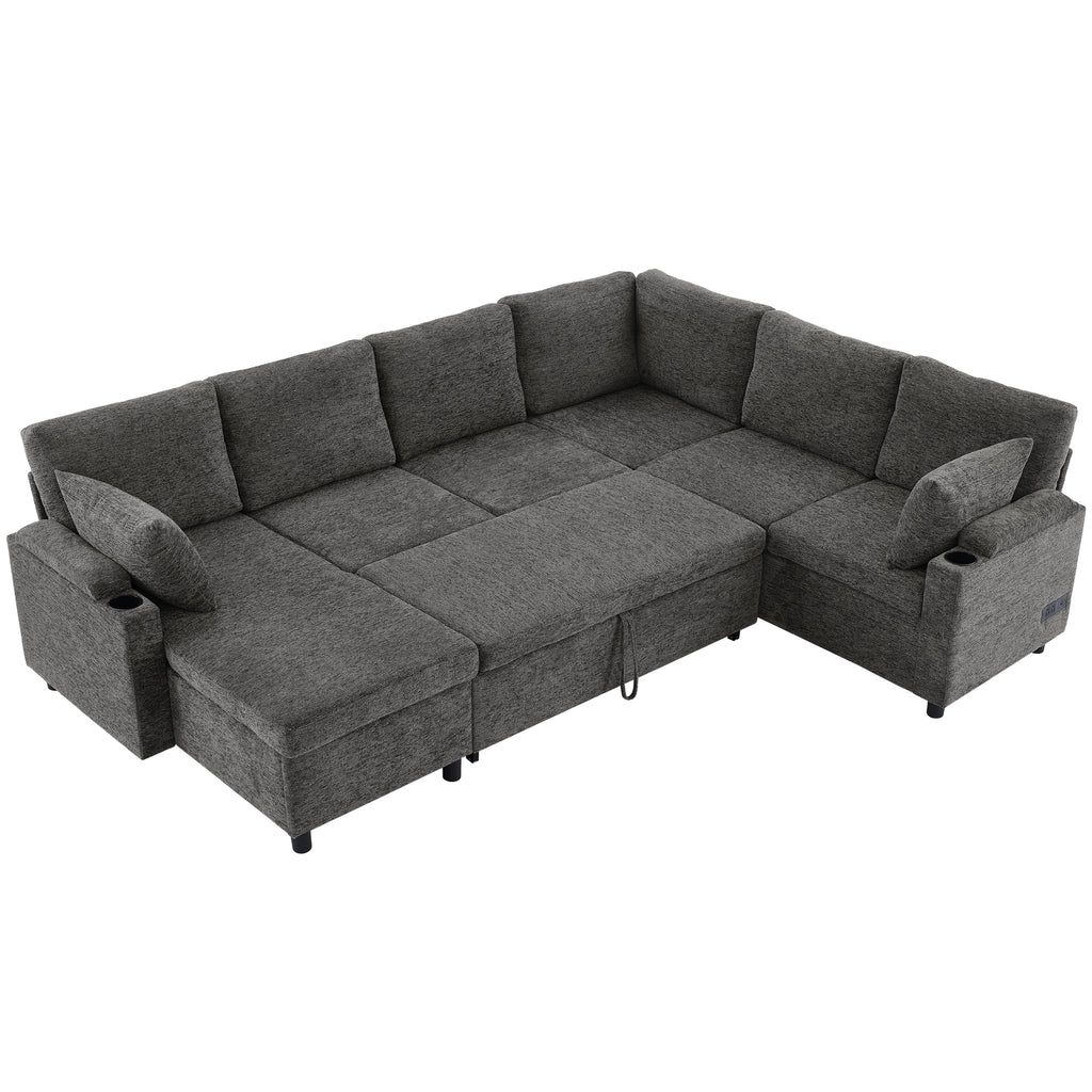 Versatile U-Shaped Sectional Sofa Bed with Storage, Cup Holders, Charging Ports in Grey Chenille - Grand Goldman Shop
