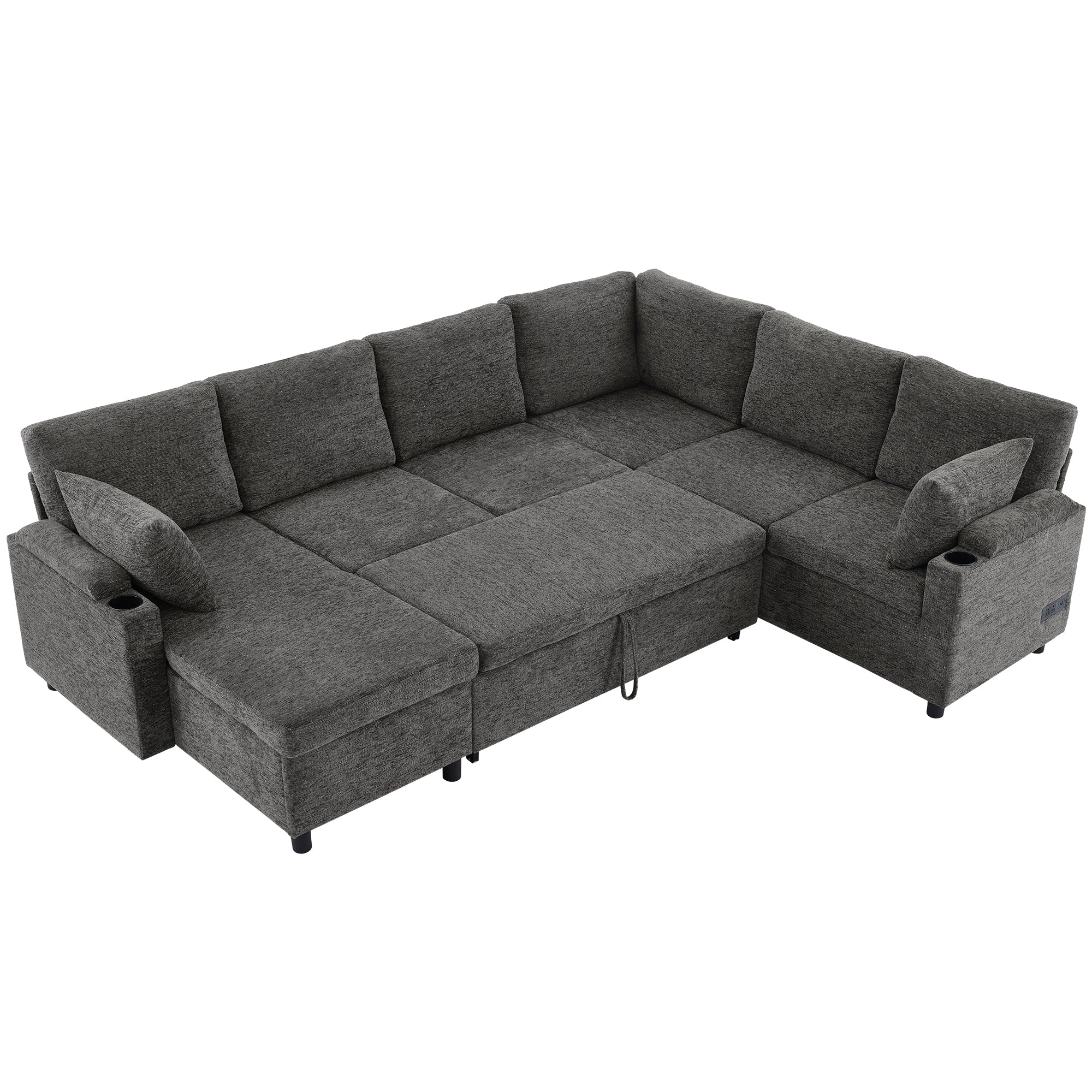 Versatile U-Shaped Sectional Sofa Bed with Storage, Cup Holders, Charging Ports in Grey Chenille - Grand Goldman Shop