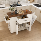 46' Kitchen Island on Wheels with Storage & Power Outlet - Movable Rustic Breakfast Bar Table, Wood Top with Adjustable Shelf & Drawer for Kitchen Dining Living Room, White - Grand Goldman Shop