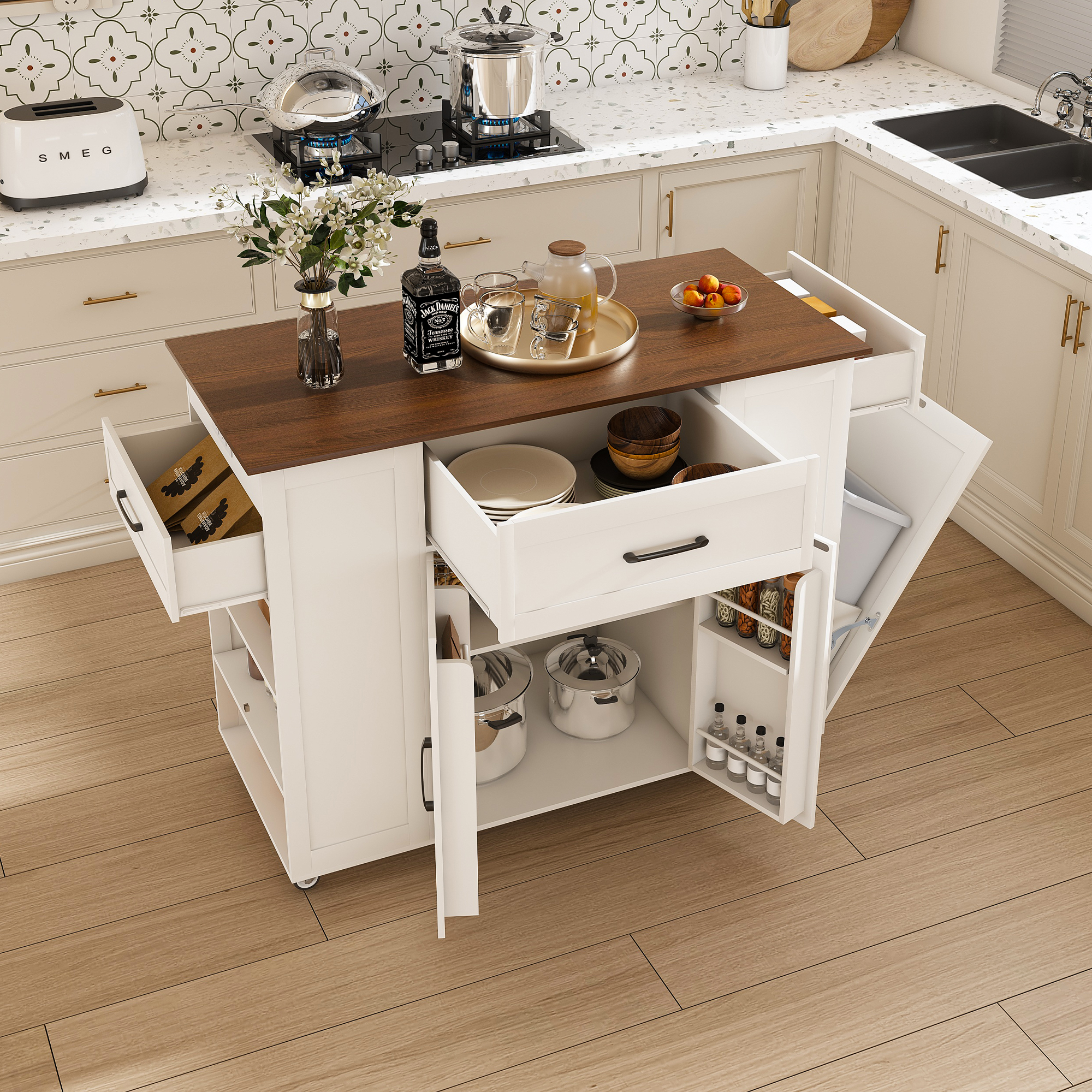 46' Kitchen Island on Wheels with Storage & Power Outlet - Movable Rustic Breakfast Bar Table, Wood Top with Adjustable Shelf & Drawer for Kitchen Dining Living Room, White - Grand Goldman Shop