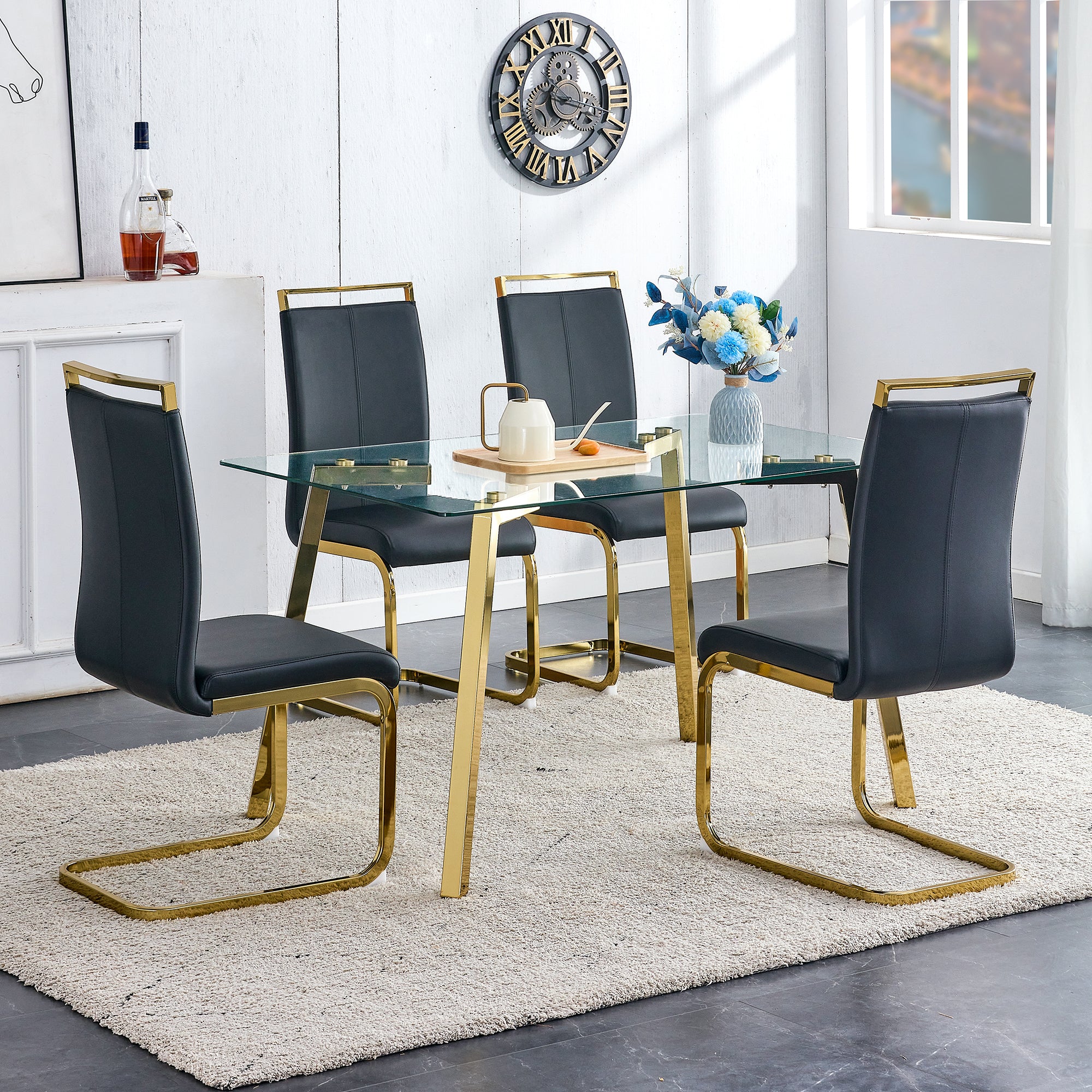 Modern minimalist style rectangular glass dining table with tempered glass tabletop and golden metal legs, suitable for kitchen, dining room, and living room, 51 ' * 31.5 ' * 29.5 '   1123 - Grand Goldman Shop