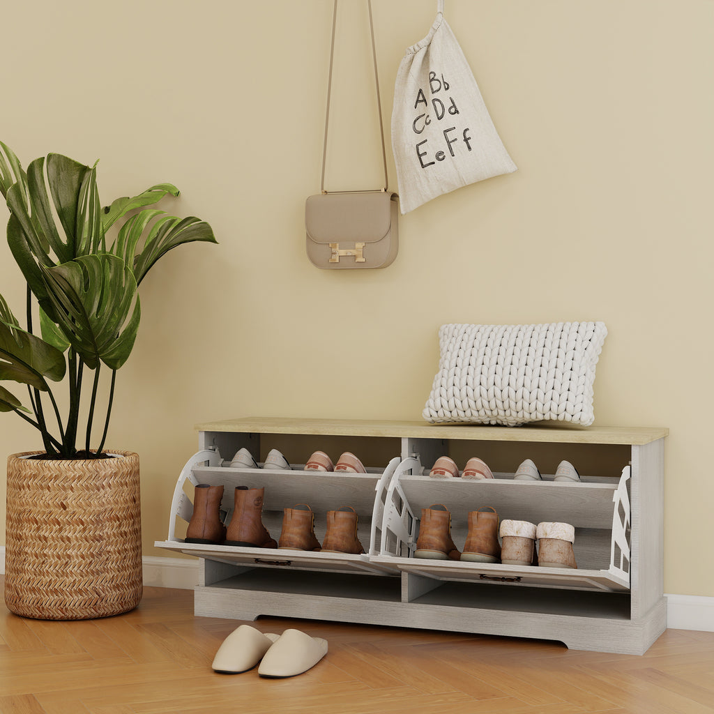 Shoe Storage Bench with 2 Flip Drawers and Adjustable Shelf for Entryway, Hallway, Bedroom-Antique White - Grand Goldman Shop