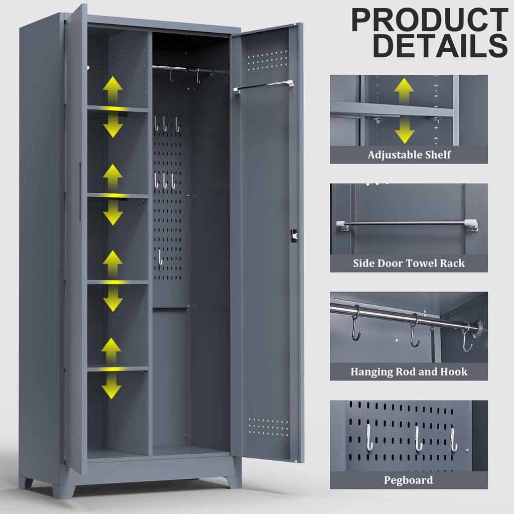 Gray And White Color Metal Lockers, Cleaning Tool Cabinets With Locking Doors, High Broom Tool Storage Cabinets, Adjustable S