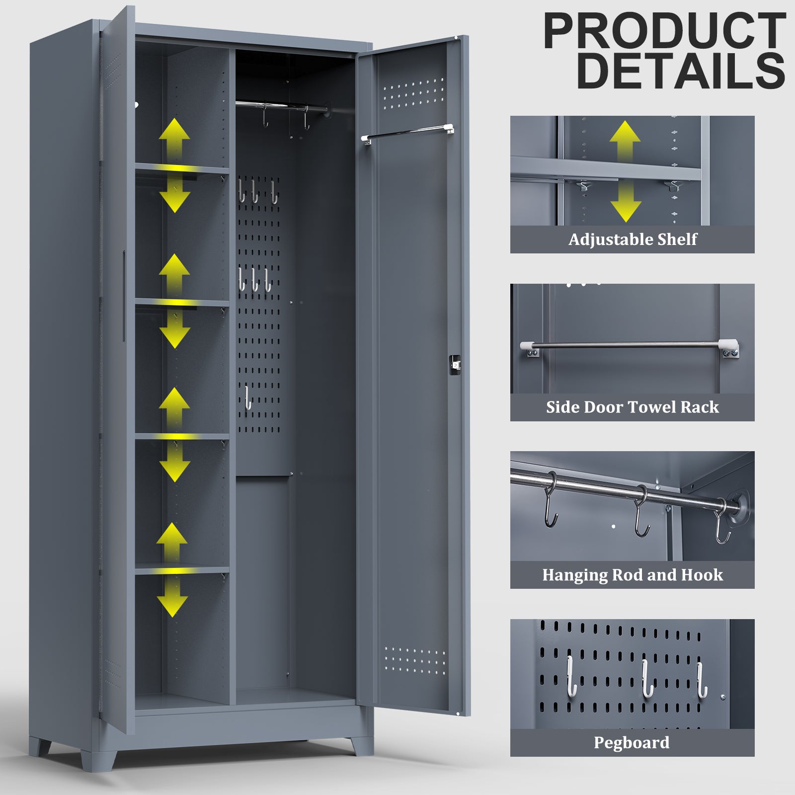 Gray And White Color Metal Lockers, Cleaning Tool Cabinets With Locking Doors, High Broom Tool Storage Cabinets, Adjustable S