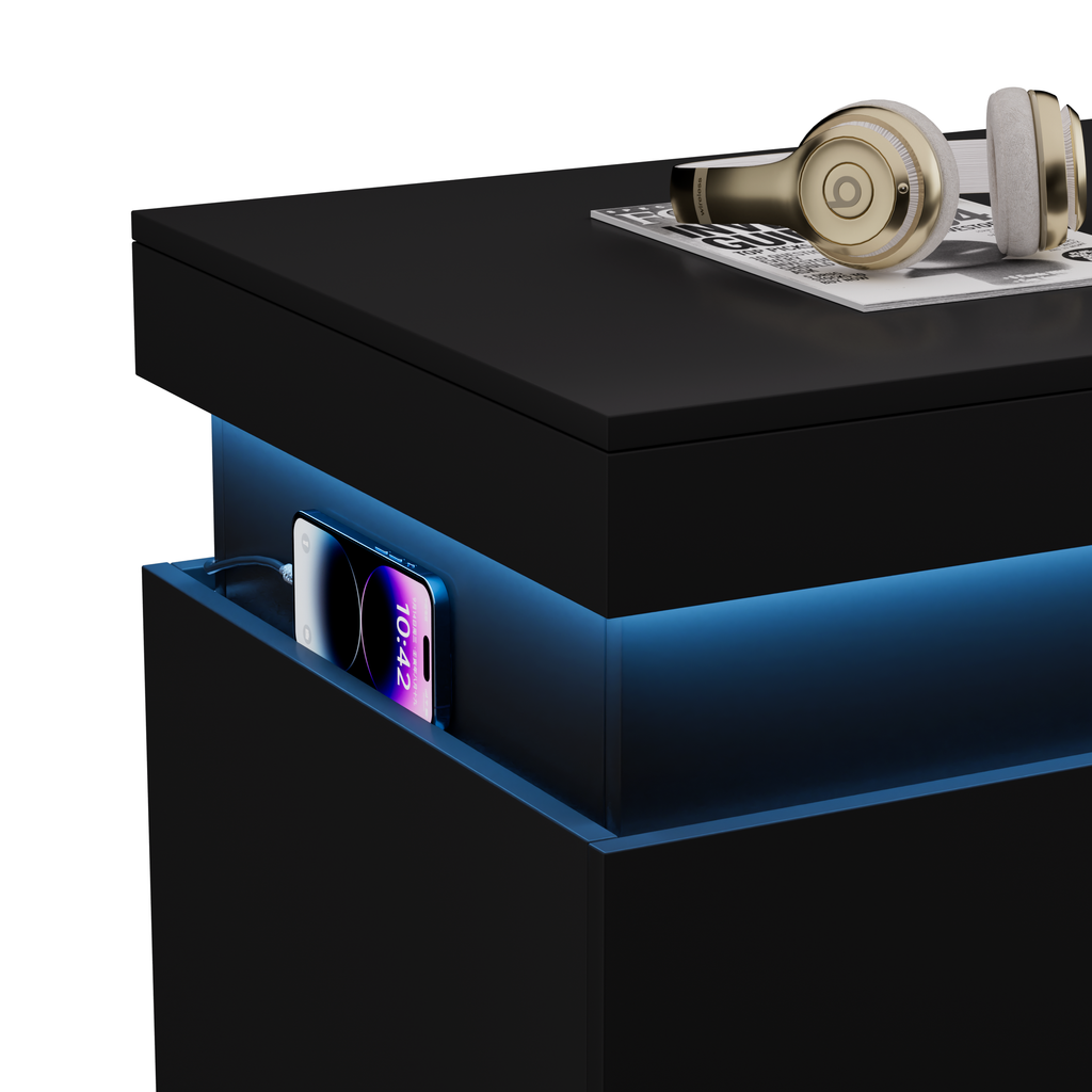 Nightstand with Charging Station and LED Lights,Night Stand with Sliding Top for Bedroom,Bedside Table with Drawers,Modern End Side Table,Black.28.8''W x 17''D x 30.5''H. - Grand Goldman Shop