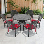 7-teiliges Set aus Gartenmöbeln aus Aluminiumguss mit schwarzem Gestell und roten Sitzkissen