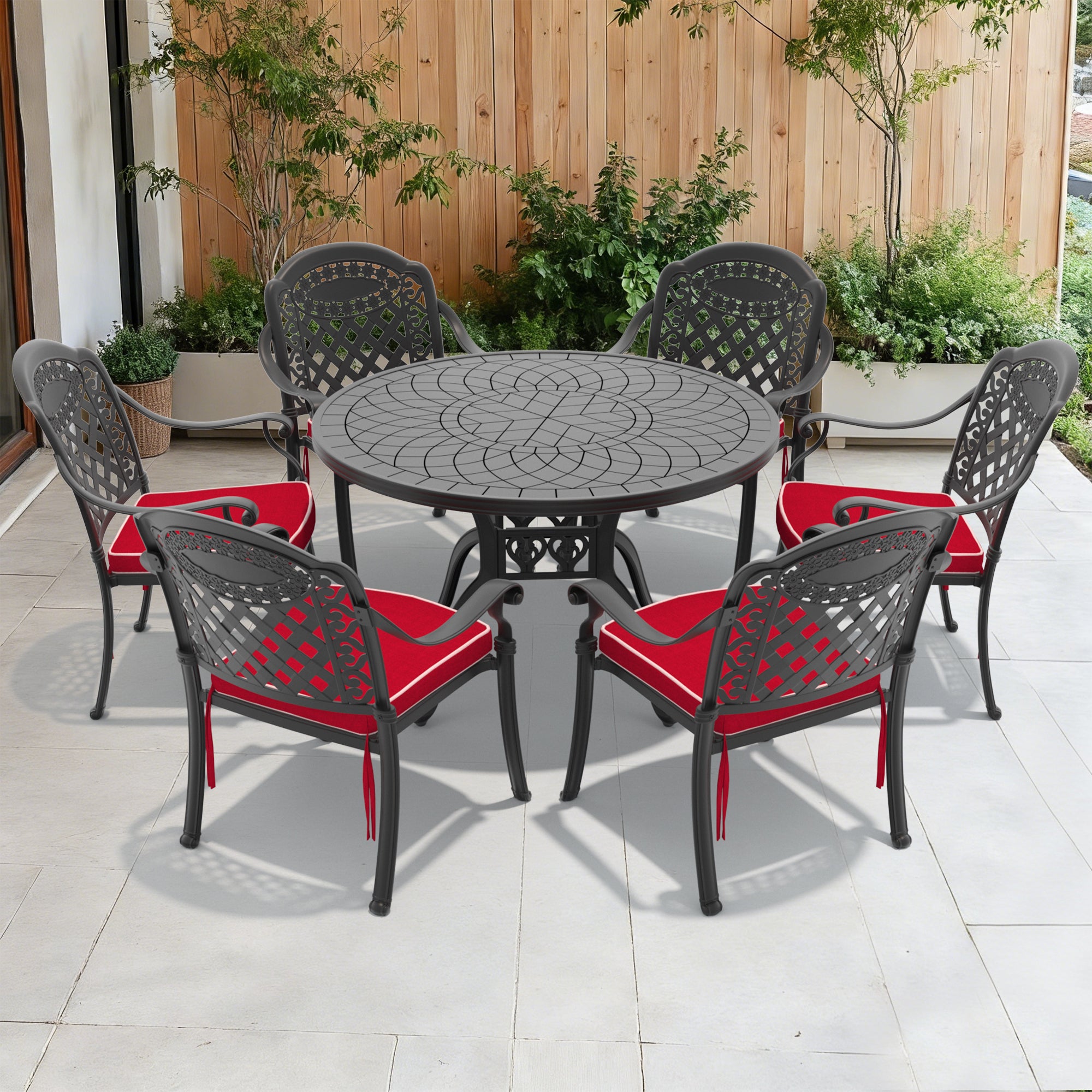 7-teiliges Set aus Gartenmöbeln aus Aluminiumguss mit schwarzem Gestell und roten Sitzkissen