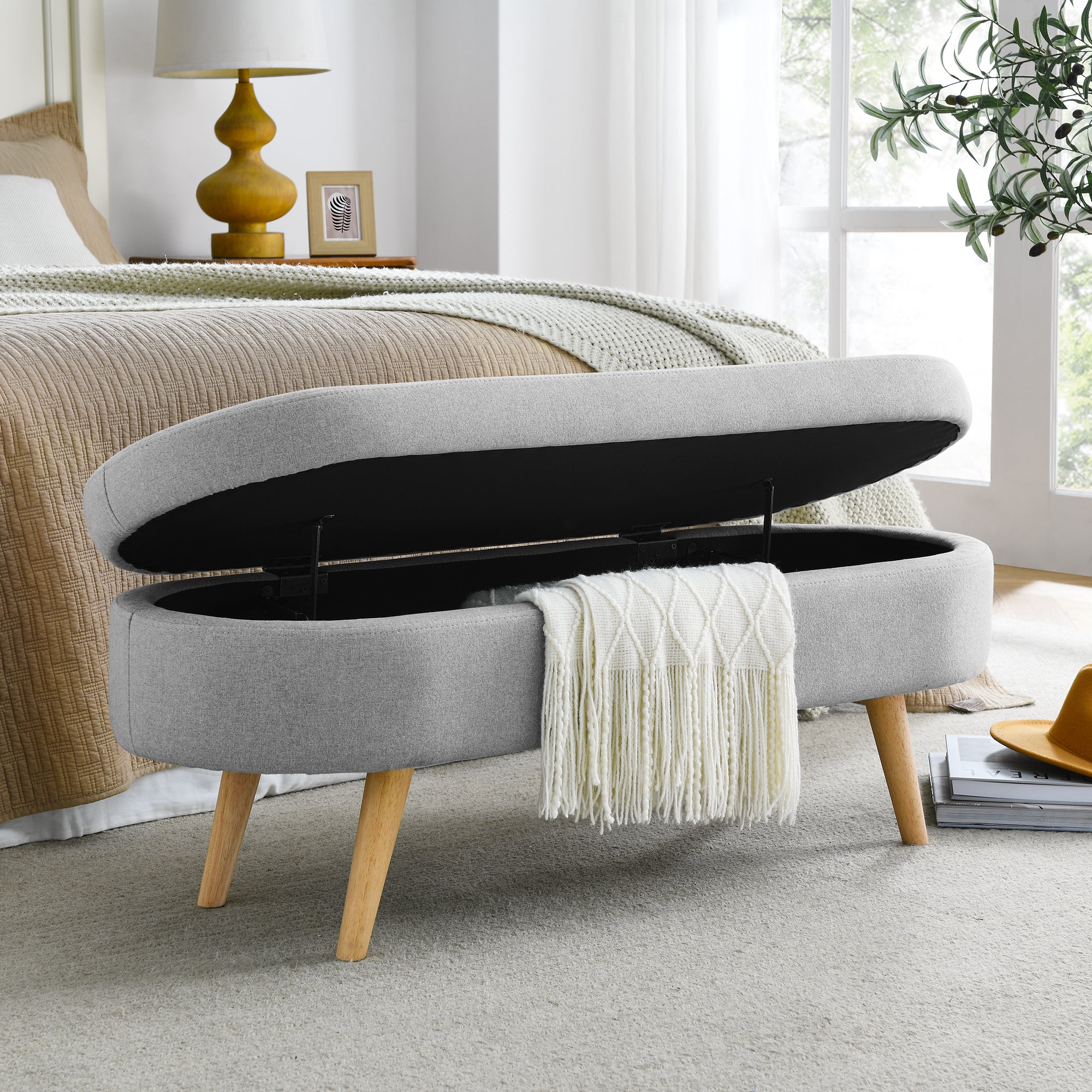 Ottoman Oval Storage Bench with Rubber Wood Legs, Grey Linen, 43.5'x16'x16' - Grand Goldman Shop