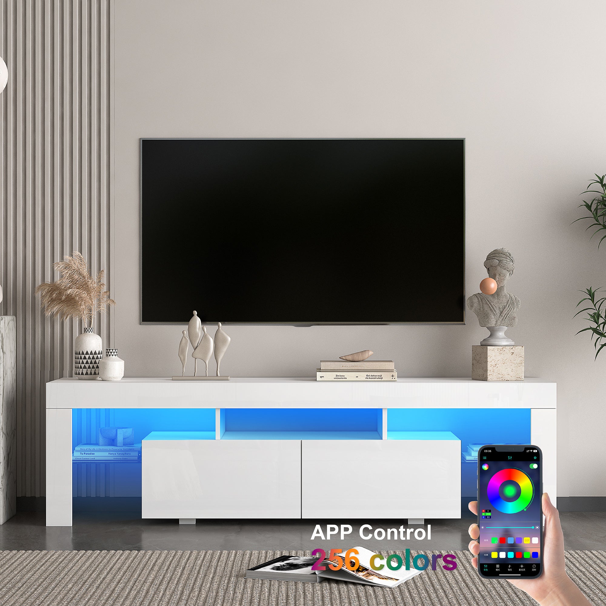 High gloss TV Stand with LED Lights for TVs up to 65'', Modern TV Console with Storage Cabinets for Living Room - Grand Goldman Shop