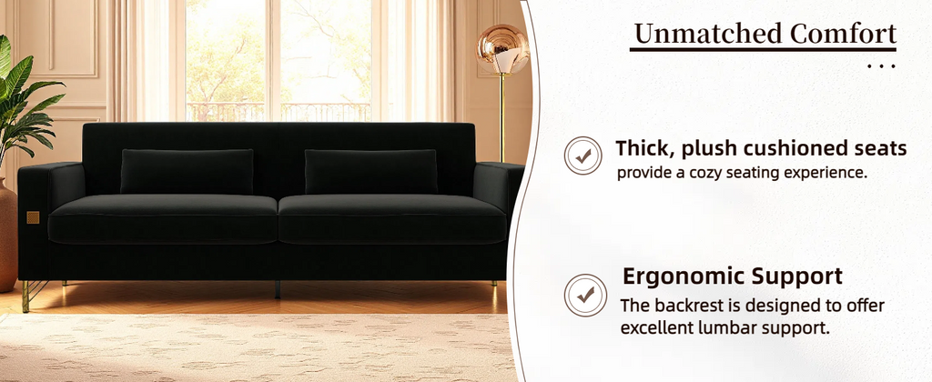 FX-P18-BK(sofa)Luxury Velvet Sofa with Gold Accents - Modern 3-Seat Couch with Plush Cushions, Perfect for Living Room and Office Decor - Grand Goldman Shop