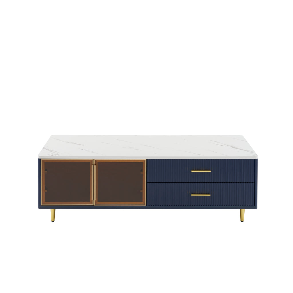 Modern Navy Blue Coffee Table with 2 Glass Door Storage, 4 Drawers, Gold Metal Legs, and Multi-Color Lighting in 47.2'' - Grand Goldman Shop