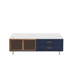 Modern Navy Blue Coffee Table with 2 Glass Door Storage, 4 Drawers, Gold Metal Legs, and Multi-Color Lighting in 47.2'' - Grand Goldman Shop