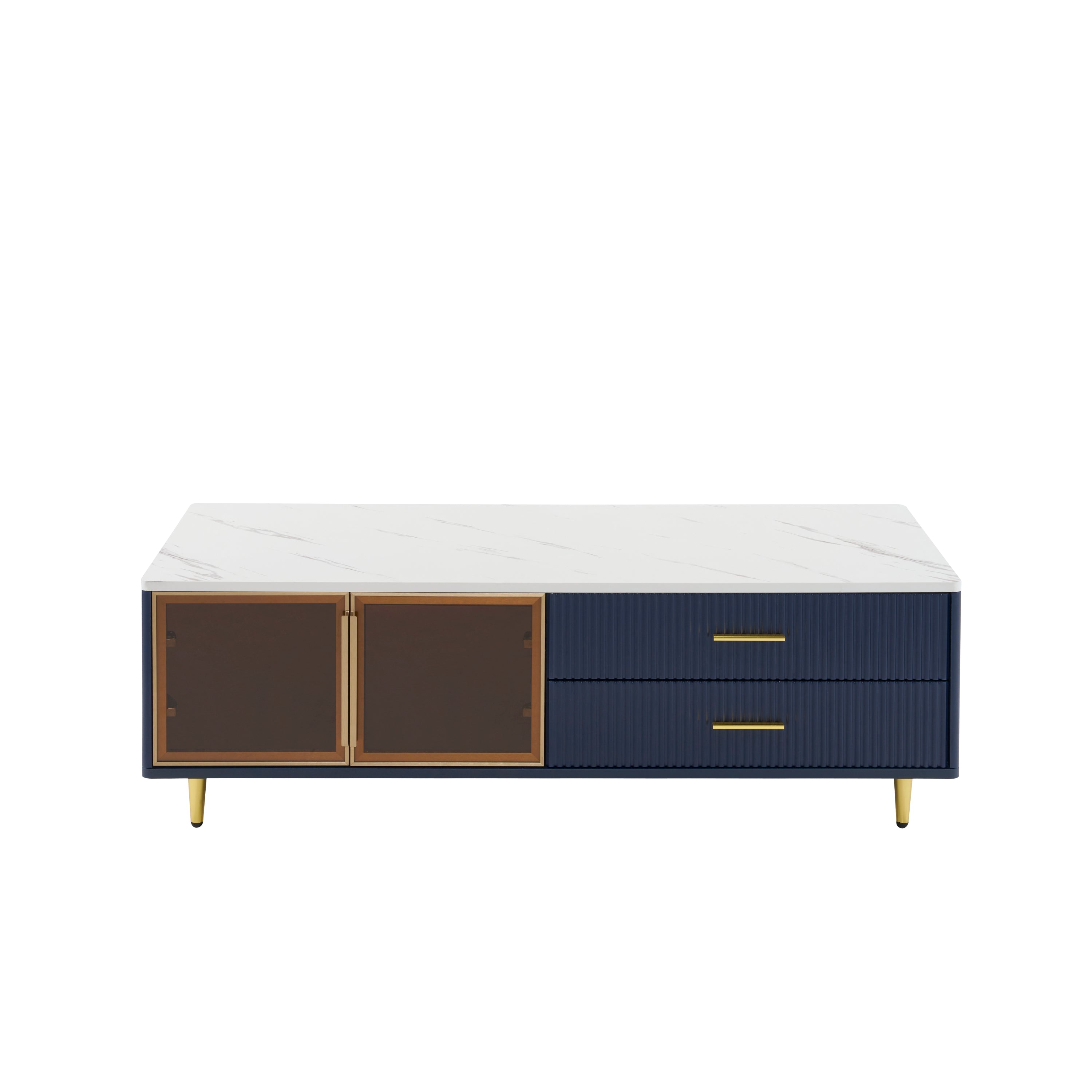Modern Navy Blue Coffee Table with 2 Glass Door Storage, 4 Drawers, Gold Metal Legs, and Multi-Color Lighting in 47.2'' - Grand Goldman Shop
