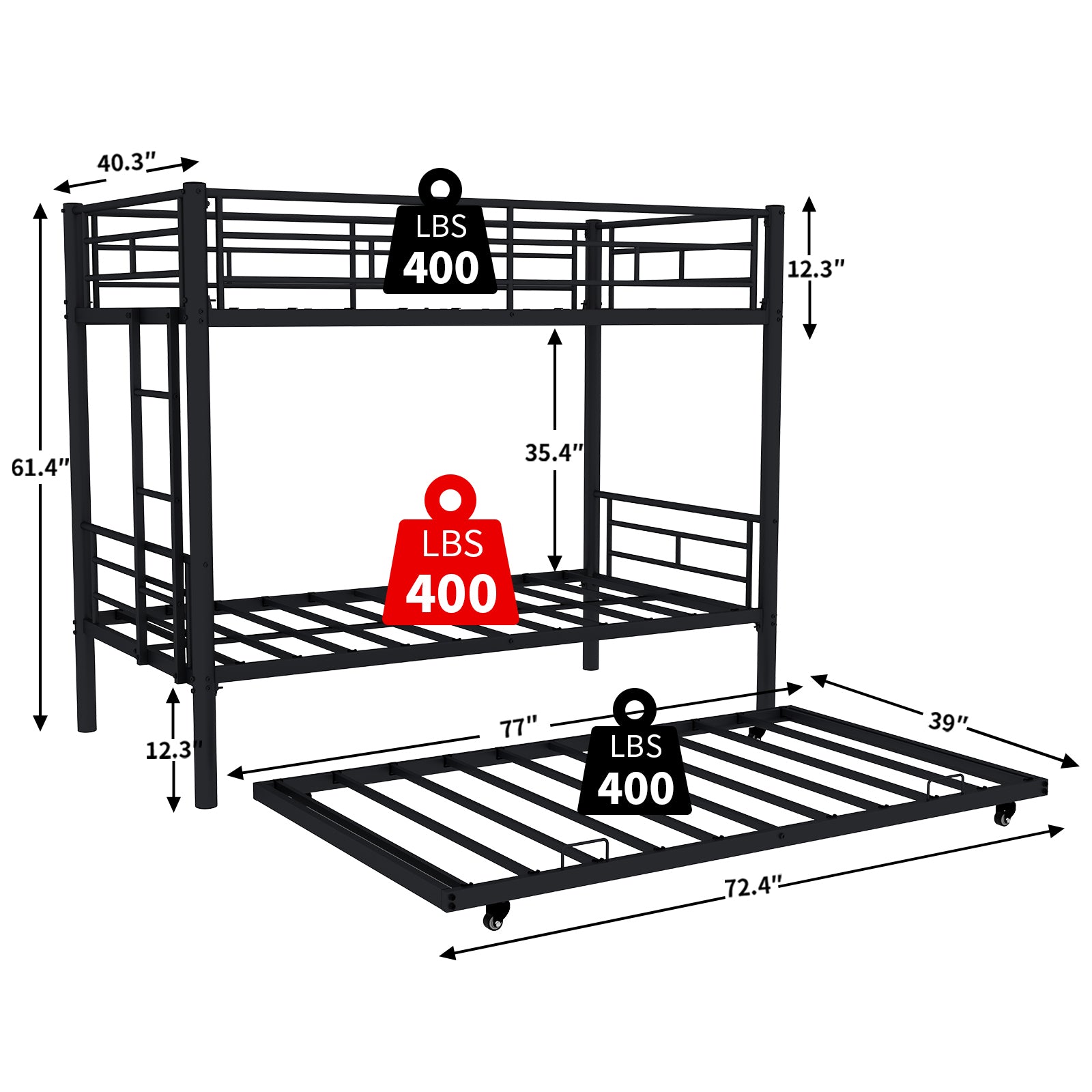 Heavy-duty Sturdy Metal Twin over Twin Bunk Bed with Noise Reduction, Safety Guardrail, No Box Spring Needed, Black - Grand Goldman Shop