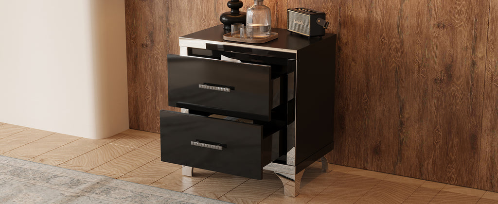Elegant High Gloss Nightstand with Metal Handle,Mirrored Bedside Table with 2 Drawers for Bedroom,Living Room,Black - Grand Goldman Shop