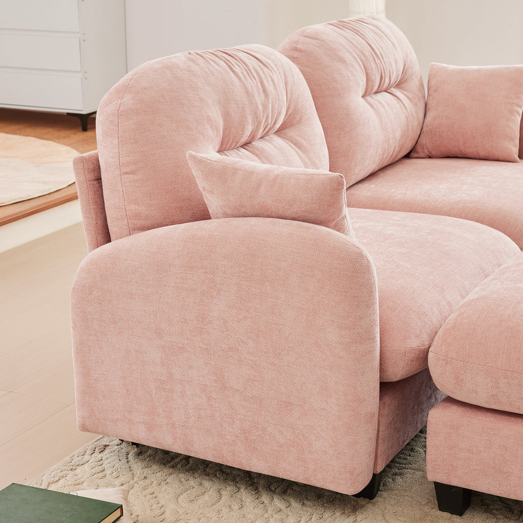 Cloud Sectional L-Shaped Couch With Ottoman,Soft Chenille Fabric,Quilted Pleated Design High-Density Foam,Fits Bedrooms Living Rooms Reading Nooks,Pink - Grand Goldman Shop