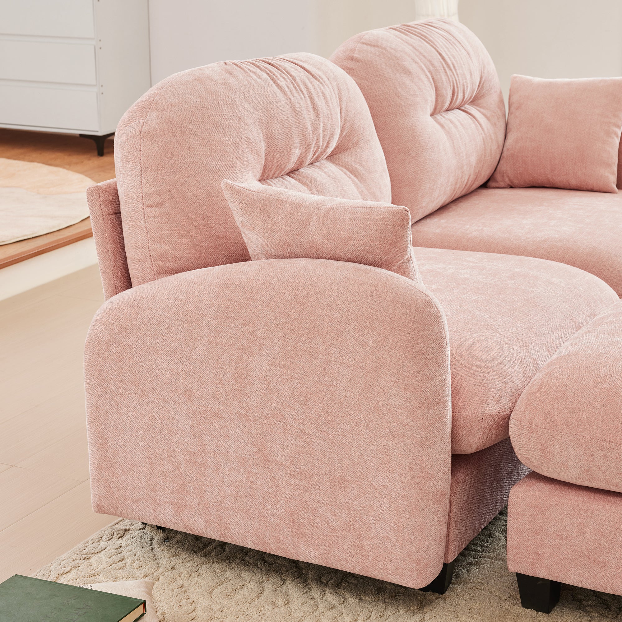 Cloud Sectional L-Shaped Couch With Ottoman,Soft Chenille Fabric,Quilted Pleated Design High-Density Foam,Fits Bedrooms Living Rooms Reading Nooks,Pink - Grand Goldman Shop