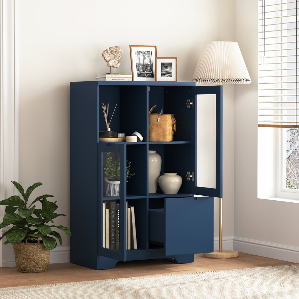 Navy Blue MDF Painted Cabinet with Glass Doors, Drawer, and Open Storage Space for Bedroom and Living Room - Grand Goldman Shop