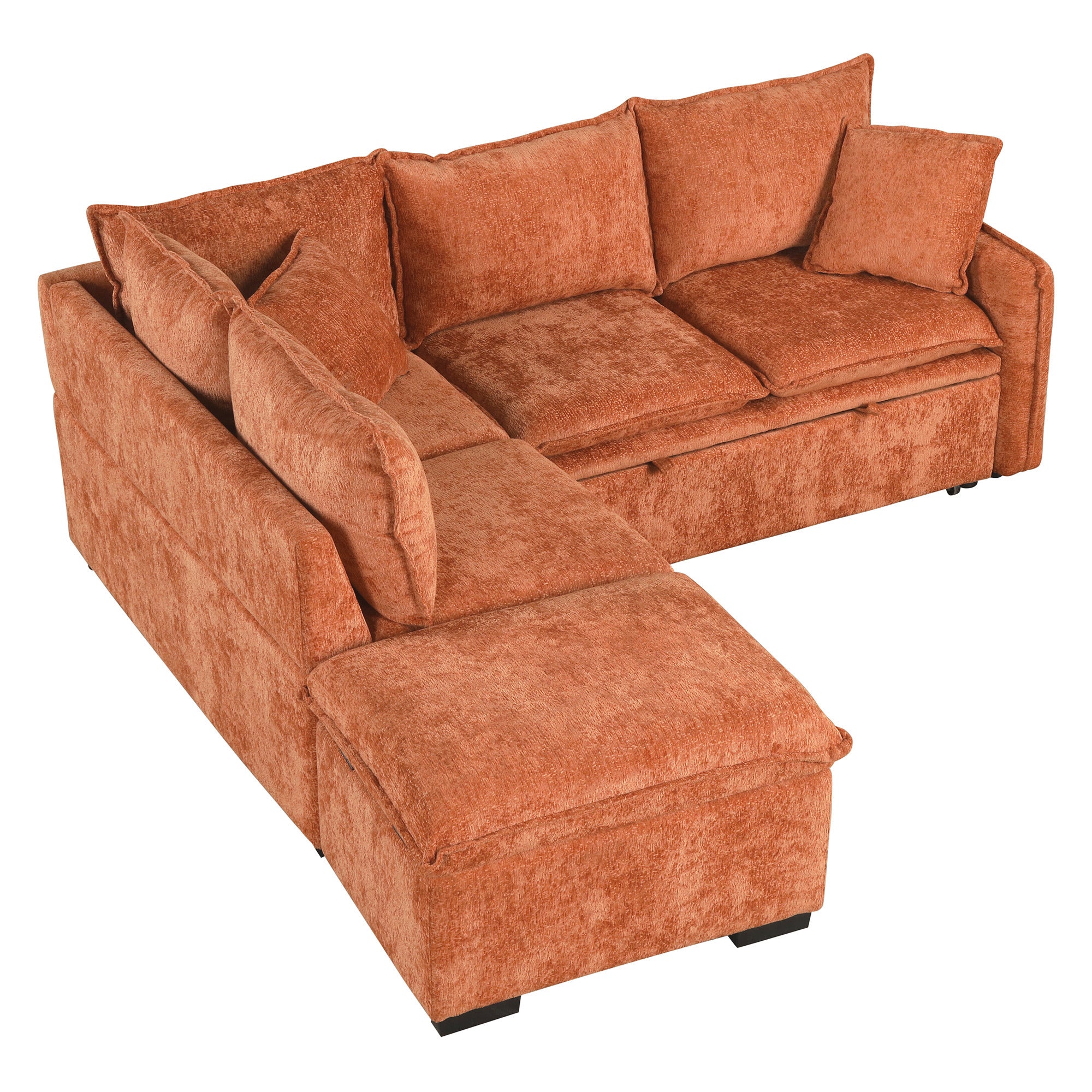Convertible L-shaped Sofa Bed with Storage Ottoman, Power Sockets & USB Ports, Orange Chenille, 82.67' - Grand Goldman Shop