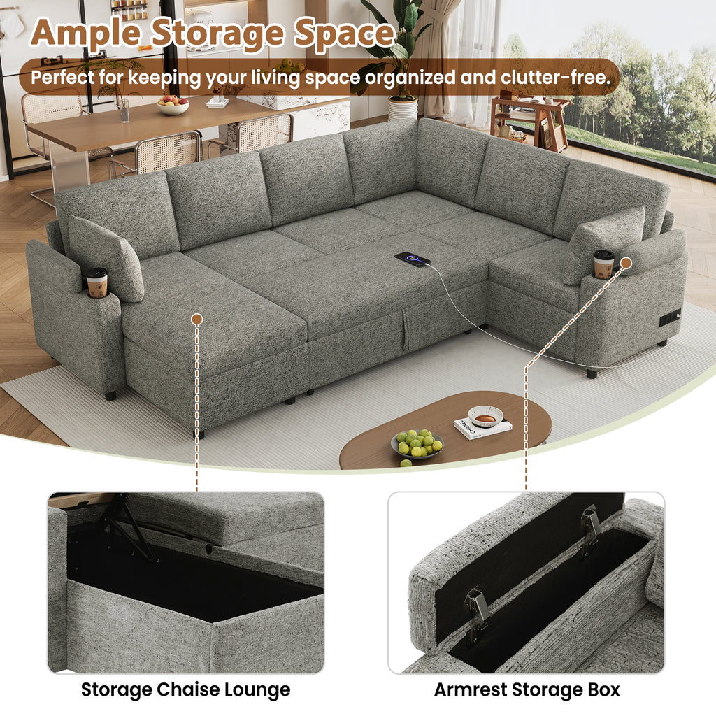 Versatile Light Grey Chenille Sectional Sofa Bed with Storage, Cup Holders & Charging Ports, 109.9' - Grand Goldman Shop